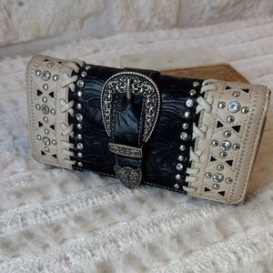 Montana West Black and Cream Studded Clutch